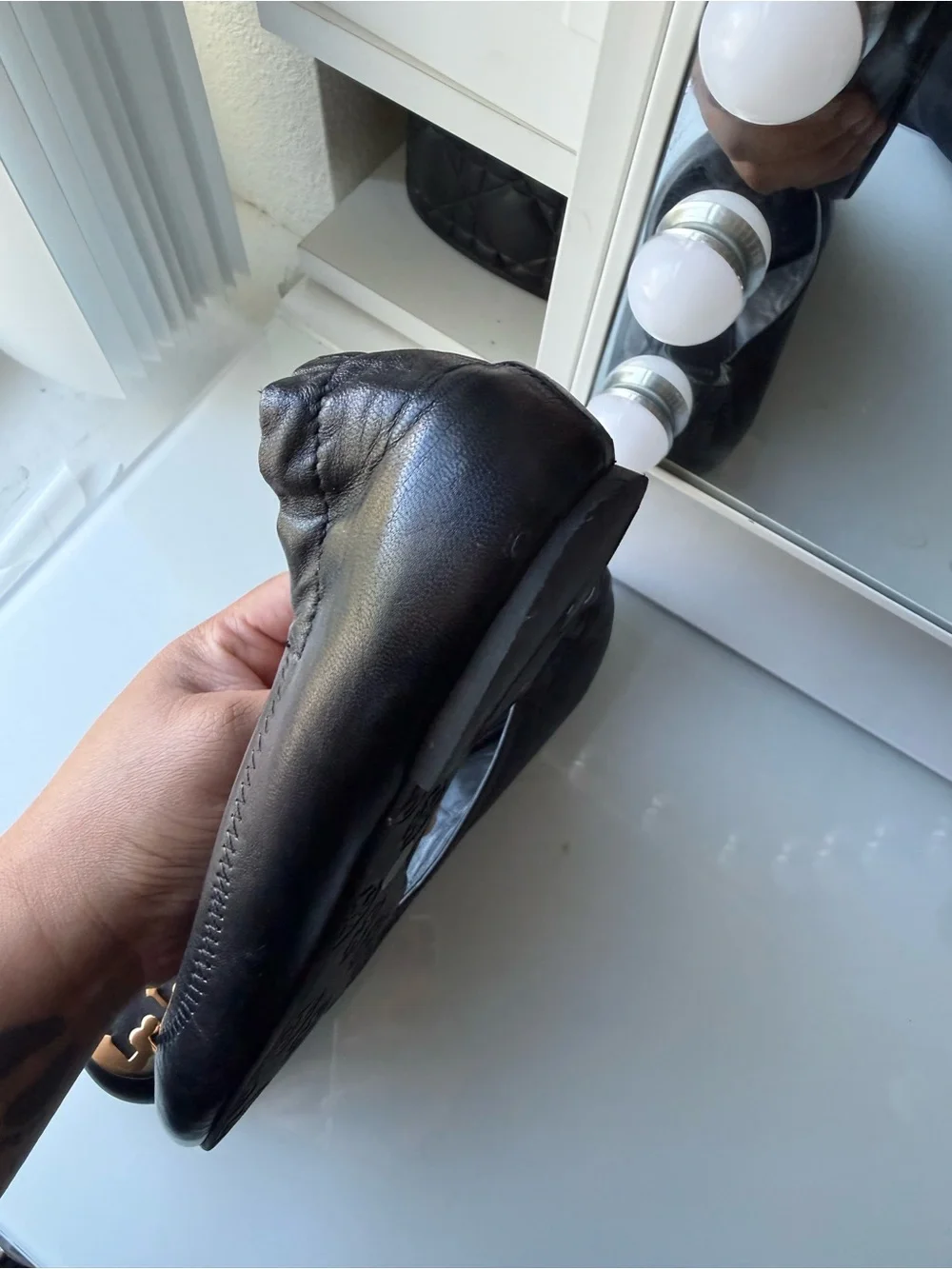 Tory Burch Black Leather Ballet Flats with Gold Logo Medallion